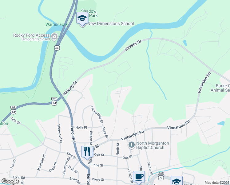 map of restaurants, bars, coffee shops, grocery stores, and more near 516 Rockyford Street in Morganton