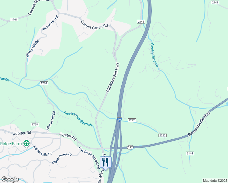 map of restaurants, bars, coffee shops, grocery stores, and more near 577 Old Mars Hill Highway in Weaverville