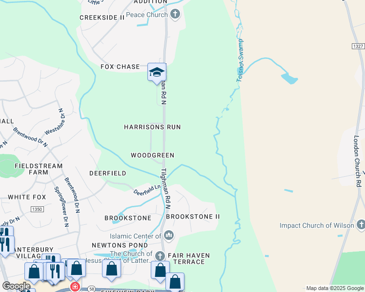map of restaurants, bars, coffee shops, grocery stores, and more near 2658 Tilghman Road North in Wilson