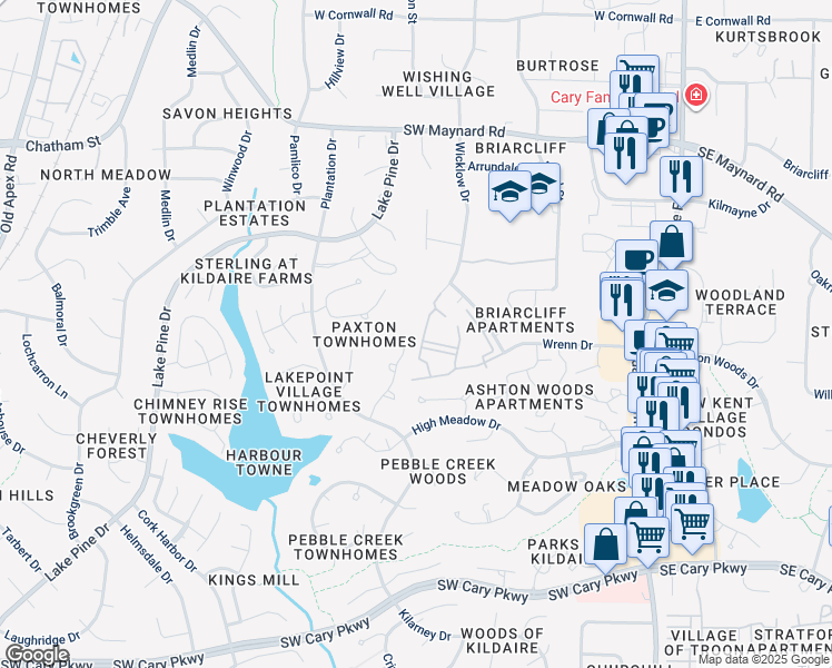 map of restaurants, bars, coffee shops, grocery stores, and more near 201 Virens Drive in Cary