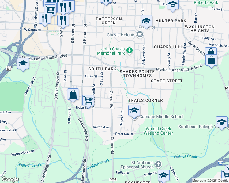 map of restaurants, bars, coffee shops, grocery stores, and more near 1216 Angelus Drive in Raleigh