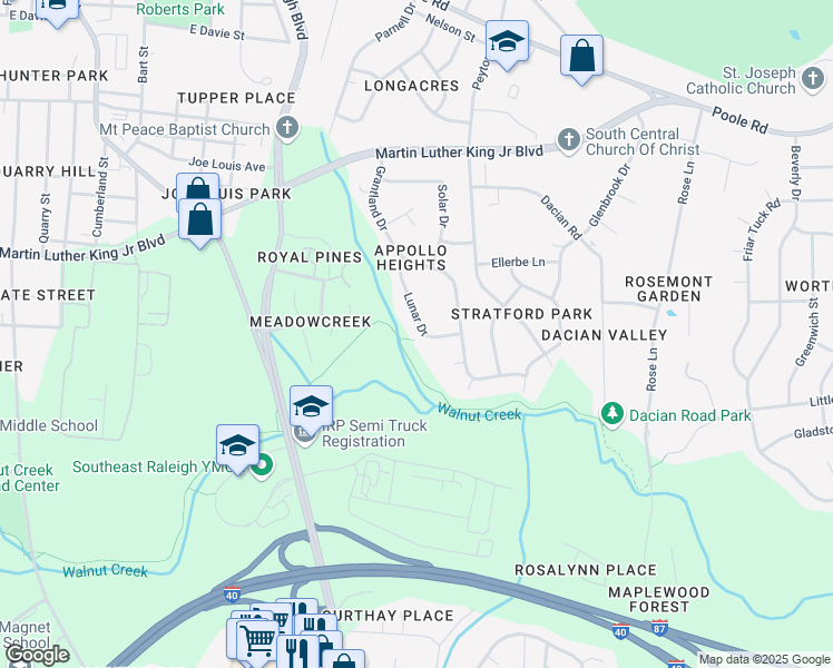 map of restaurants, bars, coffee shops, grocery stores, and more near 752 Lunar Drive in Raleigh