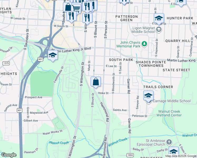 map of restaurants, bars, coffee shops, grocery stores, and more near 1116 South Person Street in Raleigh
