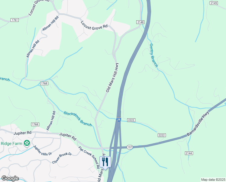 map of restaurants, bars, coffee shops, grocery stores, and more near 577 Old Mars Hill Highway in Weaverville