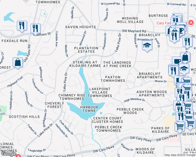 map of restaurants, bars, coffee shops, grocery stores, and more near 107 Silver Fox Court in Cary