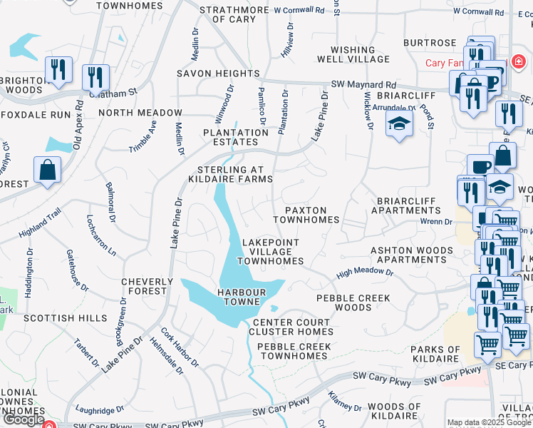 map of restaurants, bars, coffee shops, grocery stores, and more near 107 Silver Fox Court in Cary