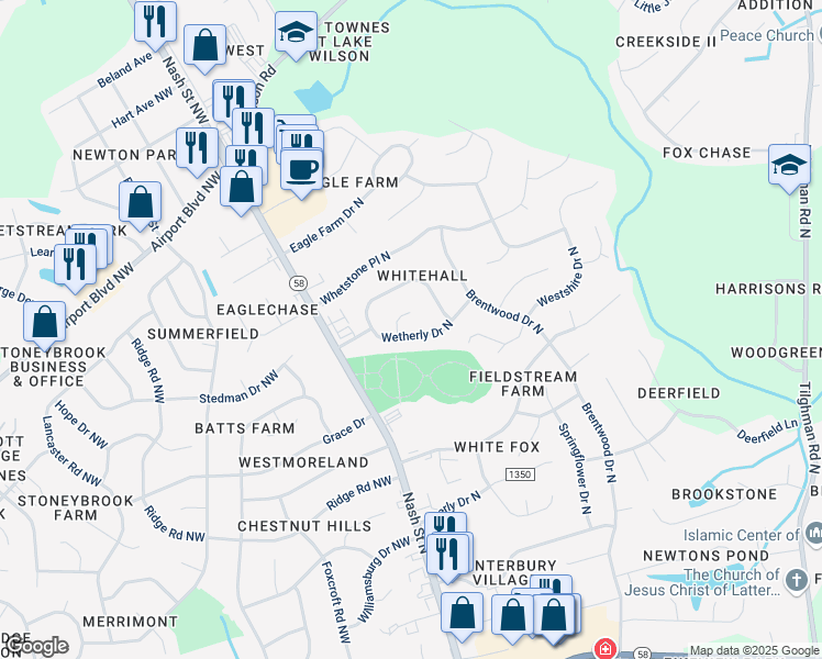 map of restaurants, bars, coffee shops, grocery stores, and more near 3407 Wembly Place in Wilson