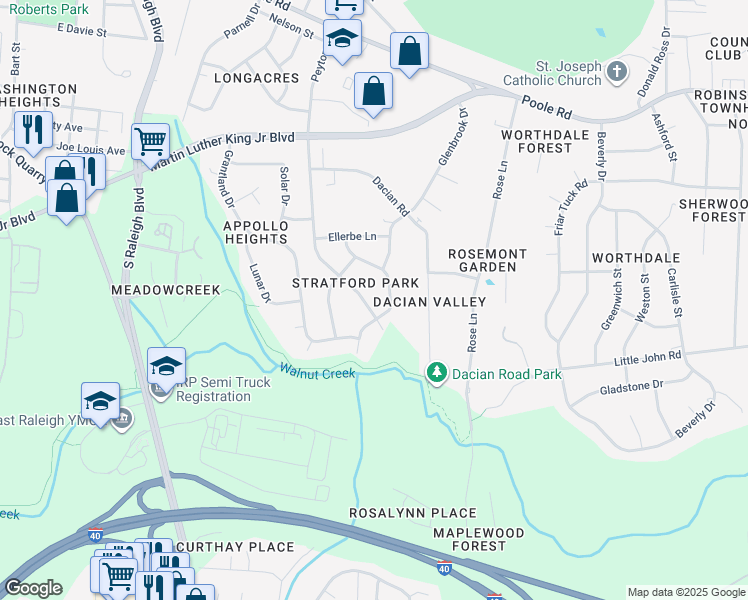 map of restaurants, bars, coffee shops, grocery stores, and more near 724 Belmont Drive in Raleigh