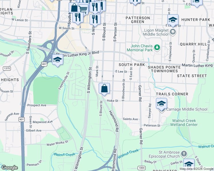 map of restaurants, bars, coffee shops, grocery stores, and more near 1116 South Person Street in Raleigh