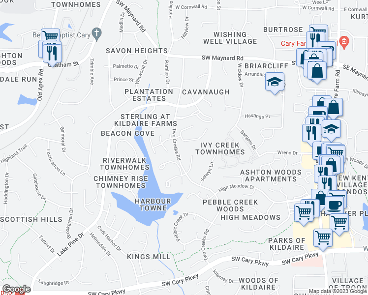 map of restaurants, bars, coffee shops, grocery stores, and more near 101 Greenmont Lane in Cary