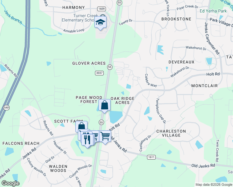 map of restaurants, bars, coffee shops, grocery stores, and more near 2142 Rocky Hill Lane in Cary