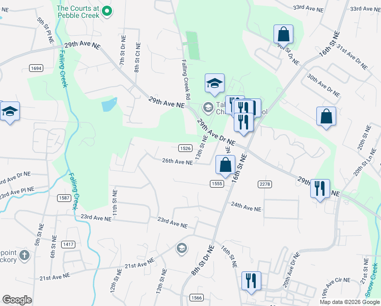 map of restaurants, bars, coffee shops, grocery stores, and more near 1235 27th Avenue Northeast in Hickory
