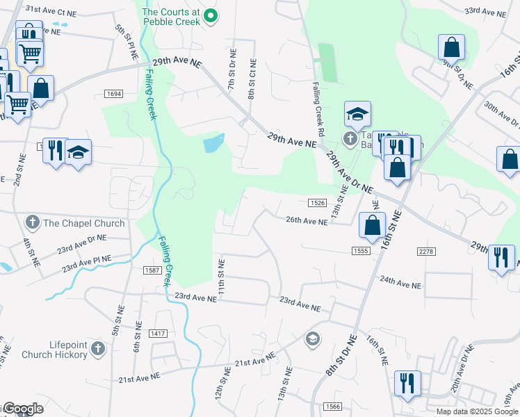 map of restaurants, bars, coffee shops, grocery stores, and more near 2630 10th Street Court Northeast in Hickory