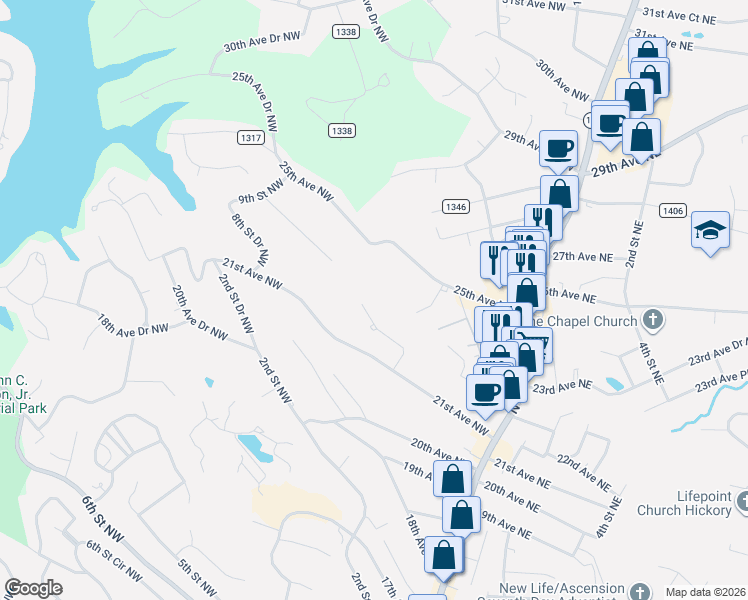 map of restaurants, bars, coffee shops, grocery stores, and more near 360 21st Avenue Drive Northwest in Hickory