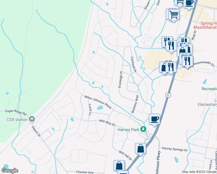 map of restaurants, bars, coffee shops, grocery stores, and more near 8012 Puddleduck Lane in Spring Hill