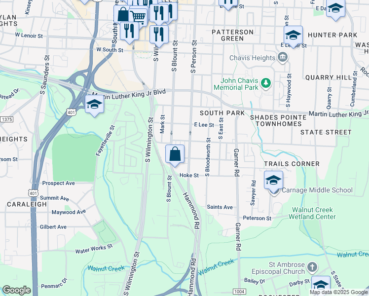 map of restaurants, bars, coffee shops, grocery stores, and more near 1242 Coach Station Alley in Raleigh
