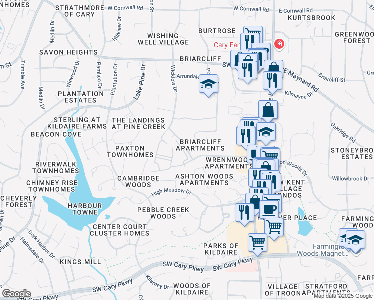 map of restaurants, bars, coffee shops, grocery stores, and more near 315 Bargate Drive in Cary