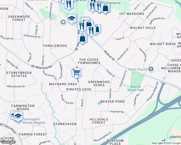 map of restaurants, bars, coffee shops, grocery stores, and more near 1224 Collington Drive in Cary