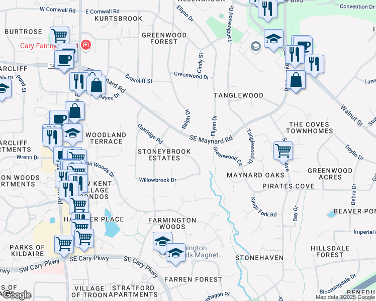 map of restaurants, bars, coffee shops, grocery stores, and more near 413 Oakridge Rd in Cary