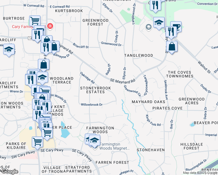 map of restaurants, bars, coffee shops, grocery stores, and more near 413 Oakridge Rd in Cary