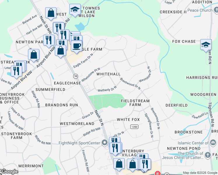 map of restaurants, bars, coffee shops, grocery stores, and more near 3305 Whitlock Drive North in Wilson