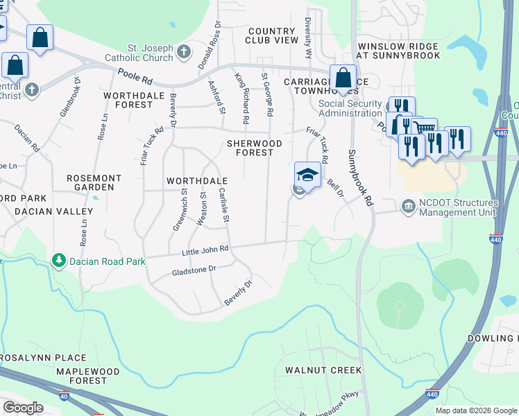 map of restaurants, bars, coffee shops, grocery stores, and more near 744 Saint George Road in Raleigh