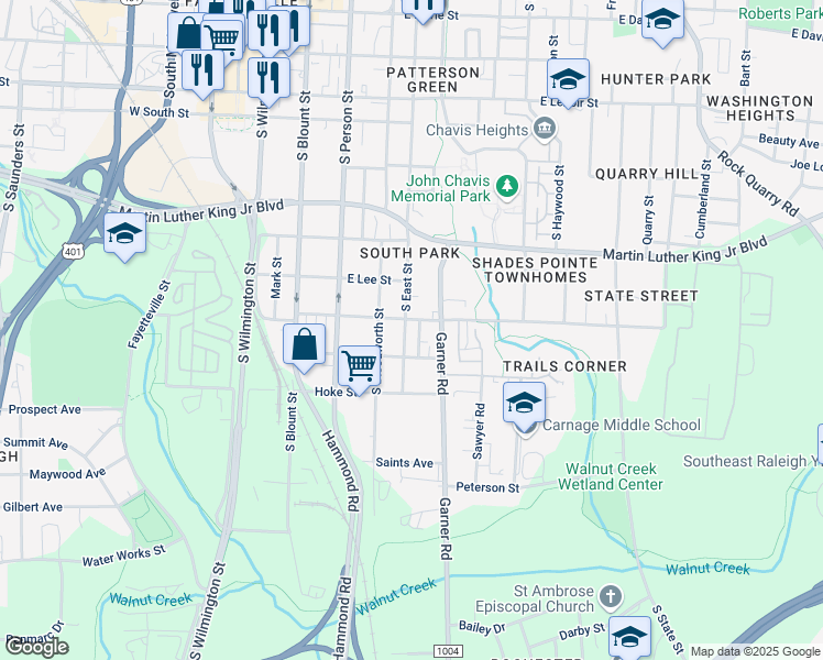map of restaurants, bars, coffee shops, grocery stores, and more near 417 Bragg Street in Raleigh