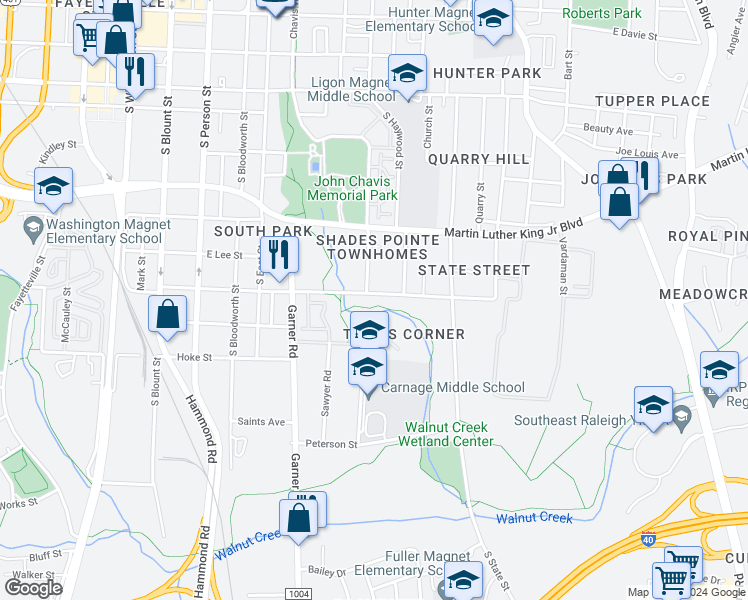 map of restaurants, bars, coffee shops, grocery stores, and more near 604 Bragg Street in Raleigh