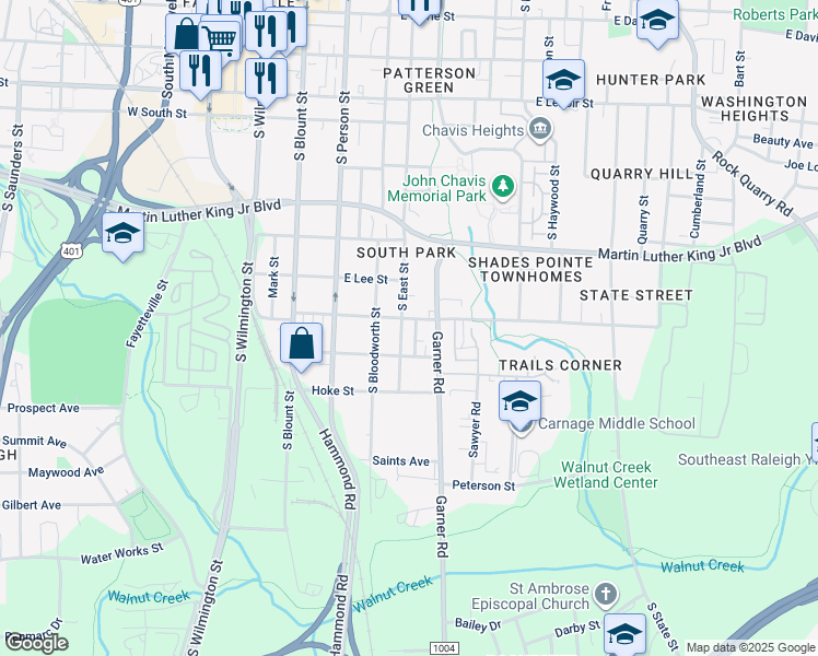 map of restaurants, bars, coffee shops, grocery stores, and more near 417 Bragg Street in Raleigh