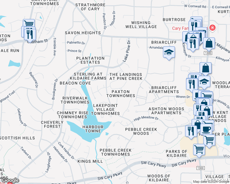 map of restaurants, bars, coffee shops, grocery stores, and more near 120 Greenmont Lane in Cary