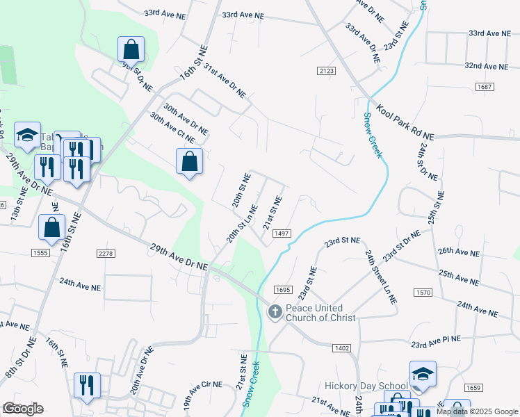 map of restaurants, bars, coffee shops, grocery stores, and more near 2824 20th Street Lane Northeast in Hickory