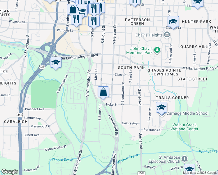 map of restaurants, bars, coffee shops, grocery stores, and more near 1116 South Person Street in Raleigh
