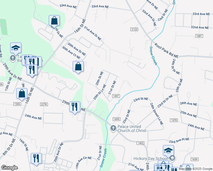 map of restaurants, bars, coffee shops, grocery stores, and more near 2824 20th Street Lane Northeast in Hickory