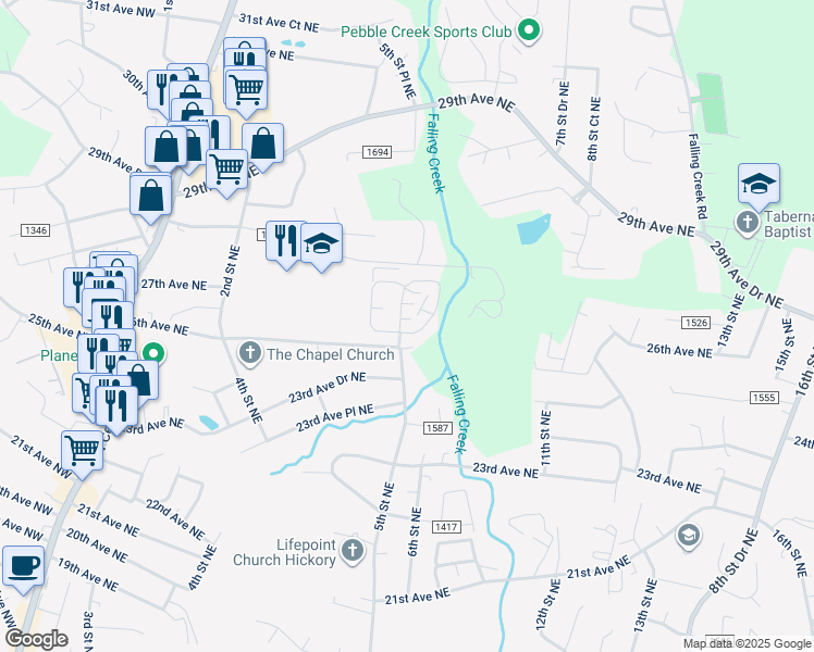 map of restaurants, bars, coffee shops, grocery stores, and more near 493 26th Avenue Northeast in Hickory