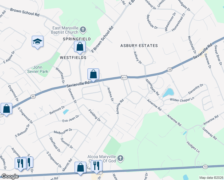map of restaurants, bars, coffee shops, grocery stores, and more near 2560 Sevierville Road in Maryville