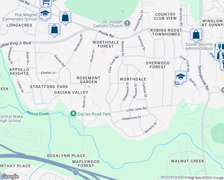 map of restaurants, bars, coffee shops, grocery stores, and more near 2708 Bromley Street in Raleigh
