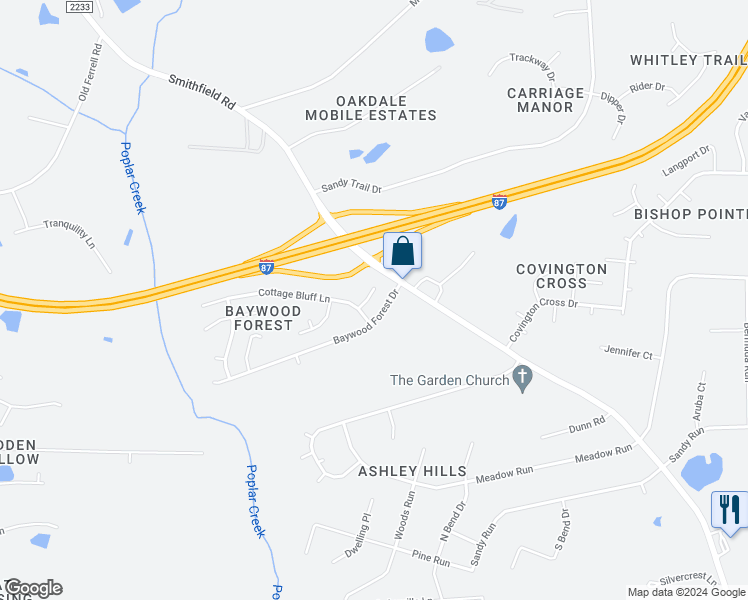 map of restaurants, bars, coffee shops, grocery stores, and more near 5408 Trenburg Court in Knightdale
