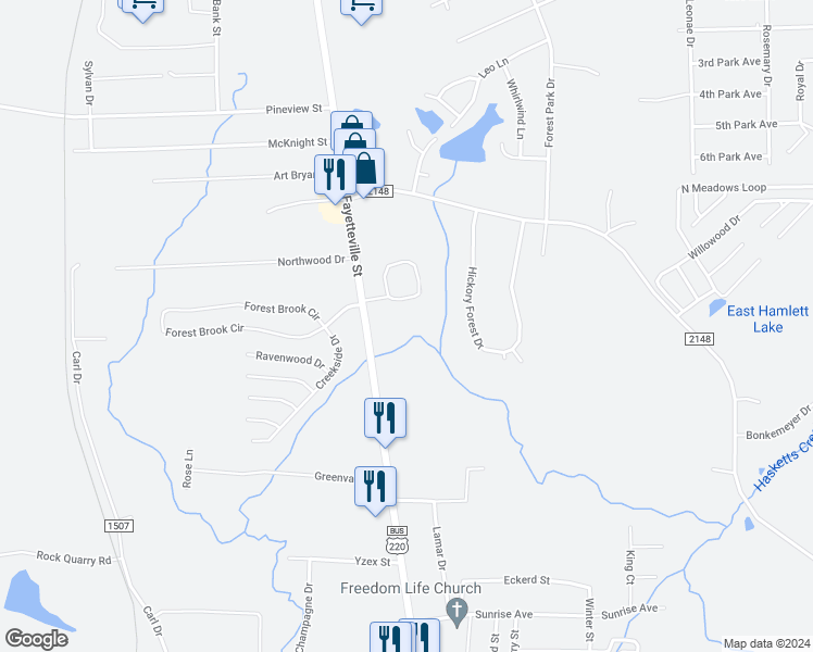 map of restaurants, bars, coffee shops, grocery stores, and more near 2280 North Fayetteville Street in Asheboro