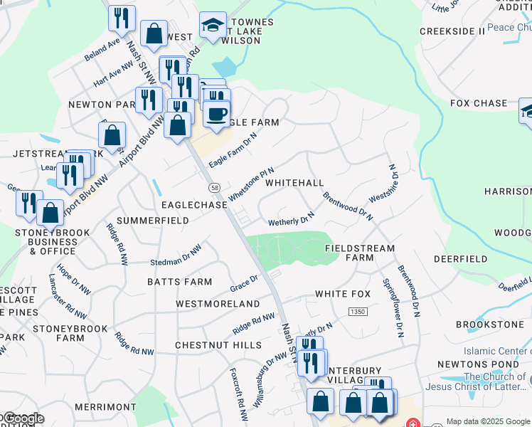 map of restaurants, bars, coffee shops, grocery stores, and more near 3323-3325 Whitlock Dr N in Wilson