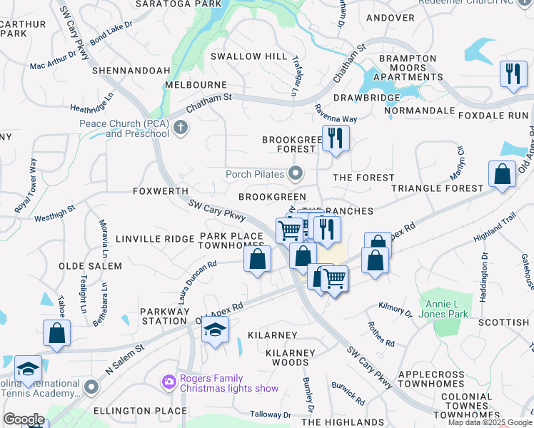 map of restaurants, bars, coffee shops, grocery stores, and more near 219 Kronos Lane in Cary