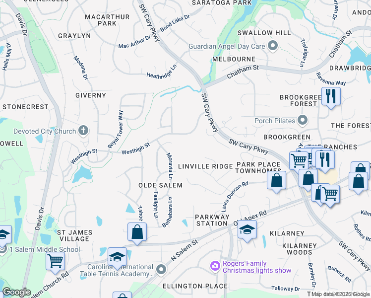 map of restaurants, bars, coffee shops, grocery stores, and more near 201 Westhigh Street in Cary