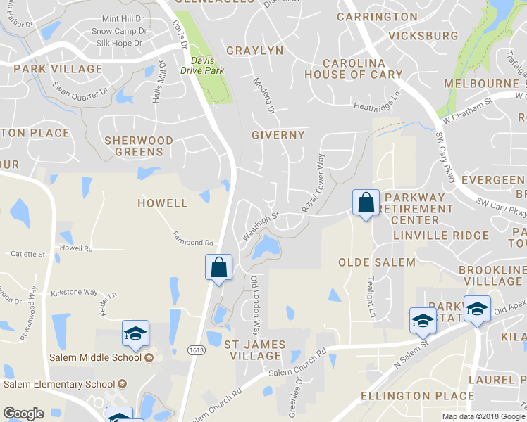 map of restaurants, bars, coffee shops, grocery stores, and more near 108 Churchview Street in Cary