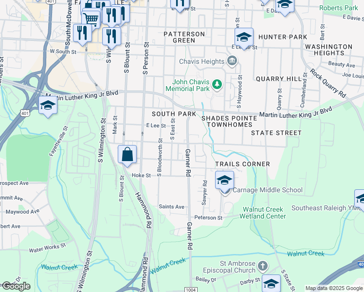 map of restaurants, bars, coffee shops, grocery stores, and more near in Raleigh