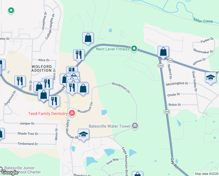map of restaurants, bars, coffee shops, grocery stores, and more near 520 Woodmont Circle in Batesville