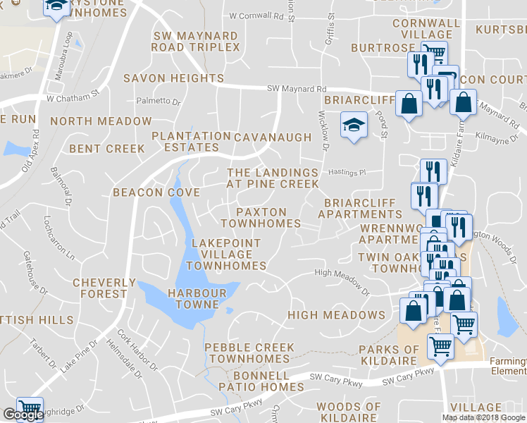 map of restaurants, bars, coffee shops, grocery stores, and more near 138 Greenmont Lane in Cary