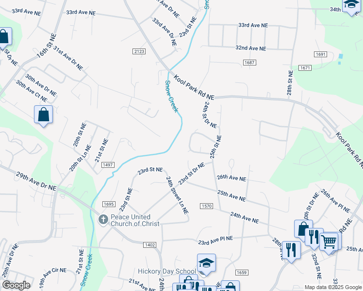 map of restaurants, bars, coffee shops, grocery stores, and more near 2446 27th Avenue Circle Northeast in Hickory