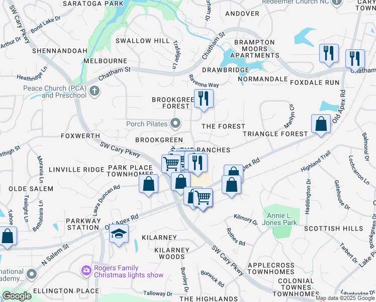 map of restaurants, bars, coffee shops, grocery stores, and more near 113 Tabula Place in Cary