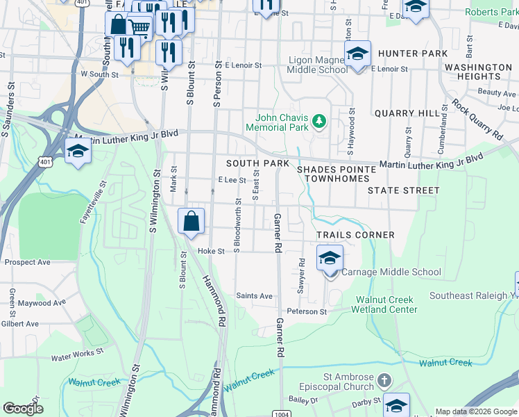 map of restaurants, bars, coffee shops, grocery stores, and more near 417 Bragg Street in Raleigh