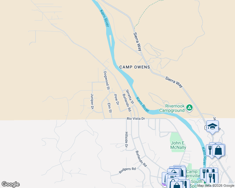map of restaurants, bars, coffee shops, grocery stores, and more near 212 Pine Drive in Kernville