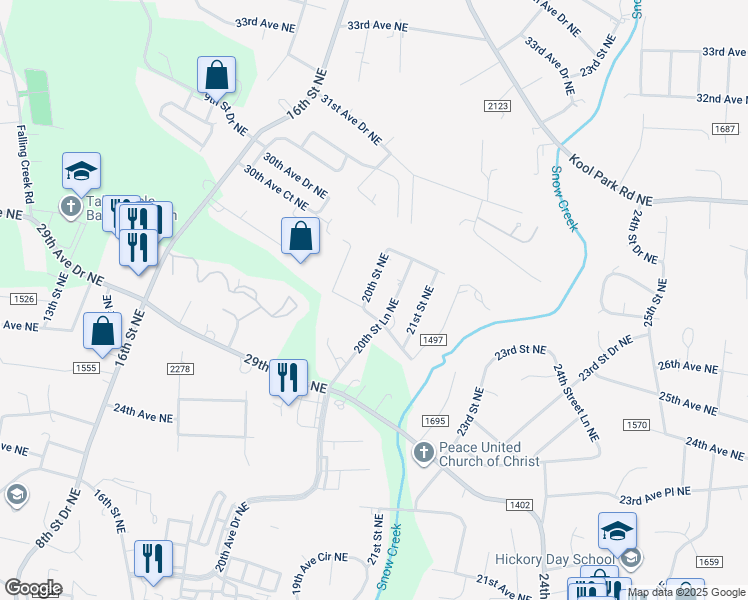 map of restaurants, bars, coffee shops, grocery stores, and more near 2838 20th Street Northeast in Hickory